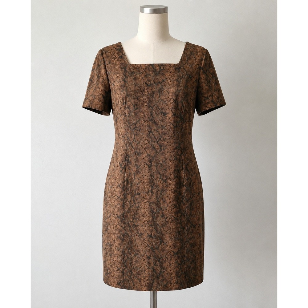 Sag Harbor Dress Brown Snakeskin Print Square Neck Sheath Short Sleeve Size 12